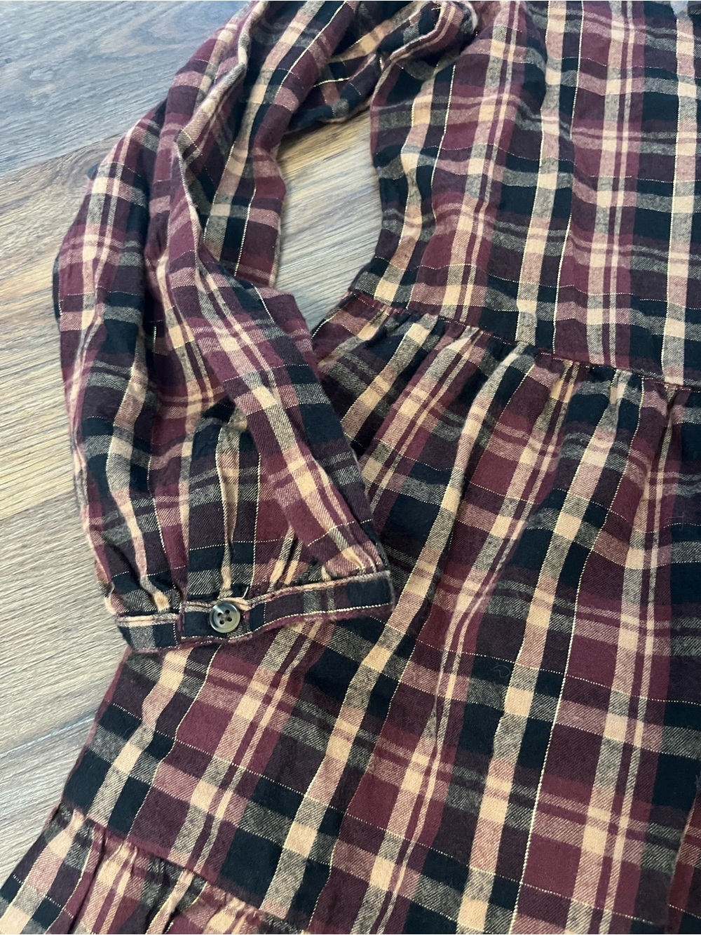 Time and Tru Burgundy & Brown Plaid Tiered Long-Sleeve Shirtdress Prairie - Picture 5 of 13